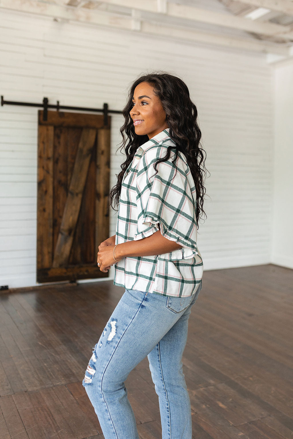 Plaid Ruffle Trim Dolman Sleeve Top Perfect Picnic Plaid Top