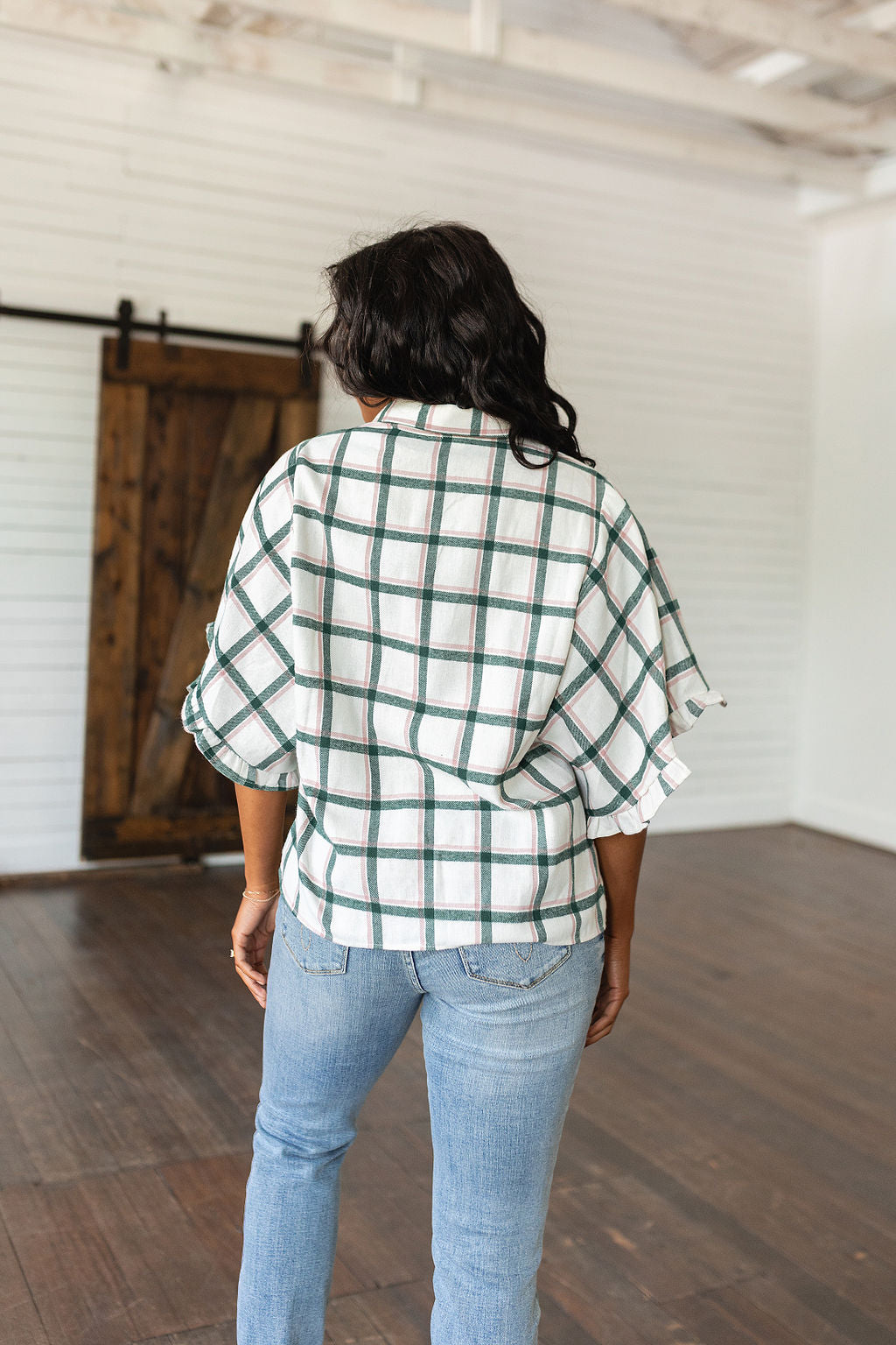 Plaid Ruffle Trim Dolman Sleeve Top Perfect Picnic Plaid Top