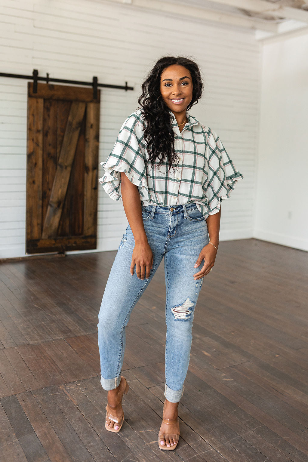 Plaid Ruffle Trim Dolman Sleeve Top Perfect Picnic Plaid Top