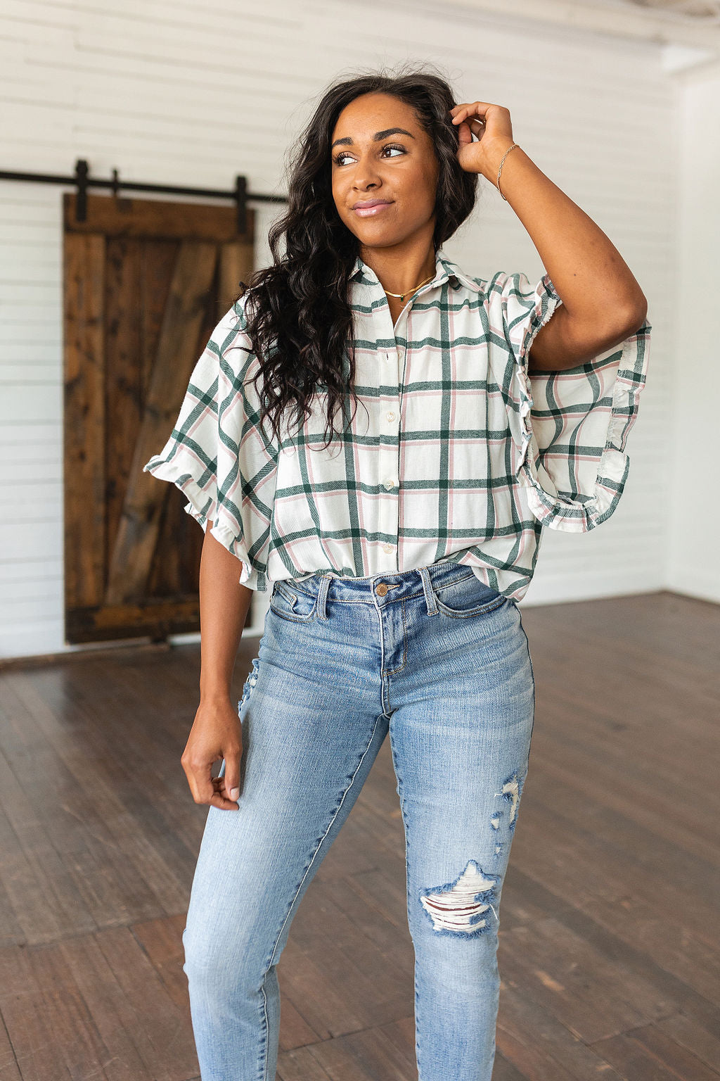 Plaid Ruffle Trim Dolman Sleeve Top Perfect Picnic Plaid Top