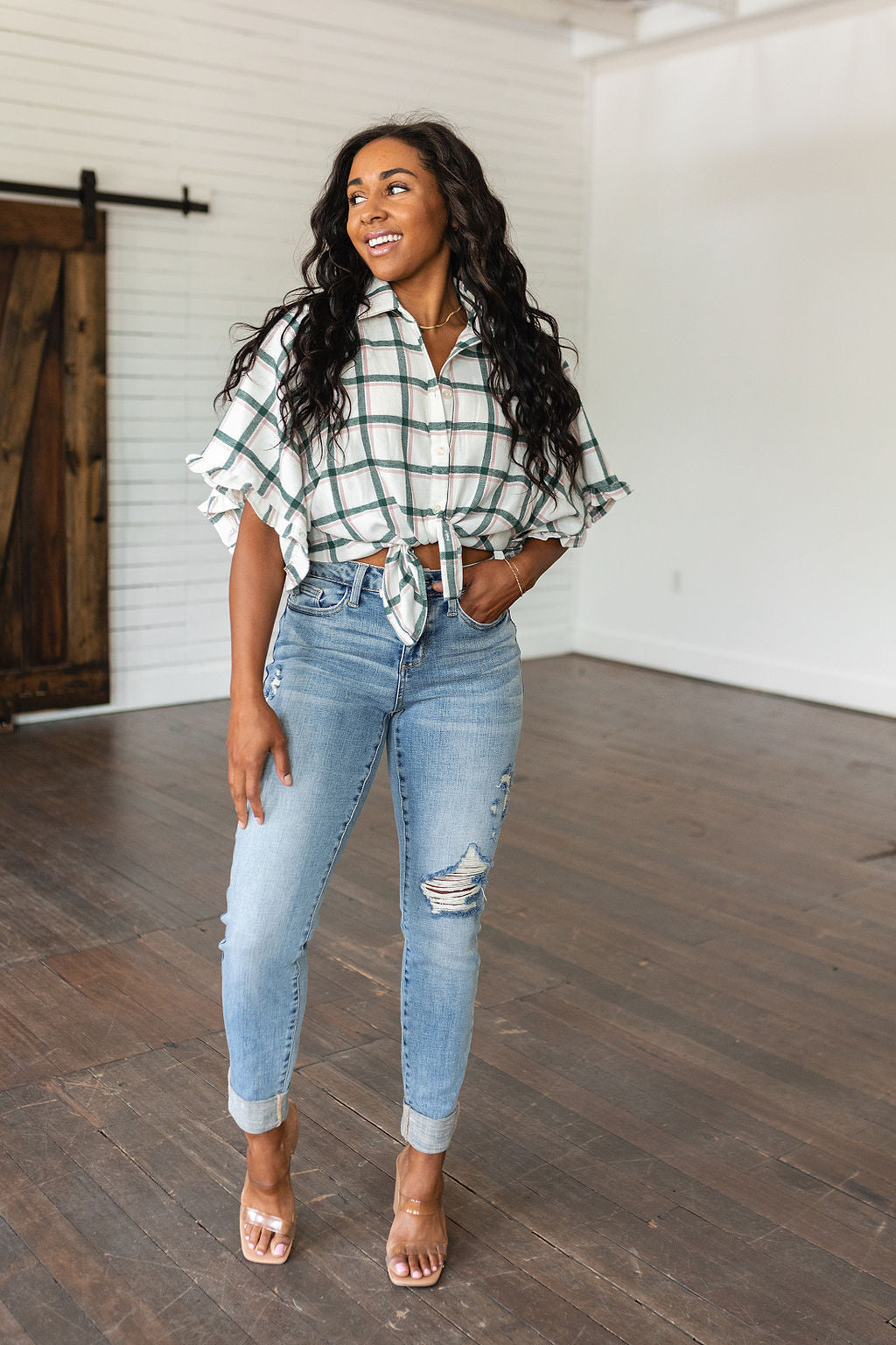 Plaid Ruffle Trim Dolman Sleeve Top Perfect Picnic Plaid Top