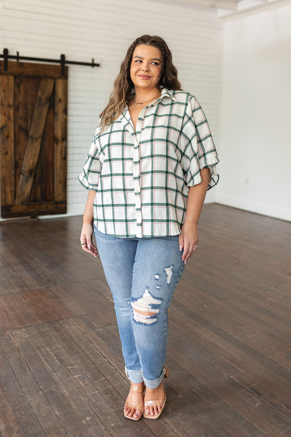 Plaid Ruffle Trim Dolman Sleeve Top Perfect Picnic Plaid Top