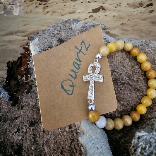 Clear Quartz Healing Bracelet with Rhinestone Ankh Charm Beauty by Dani