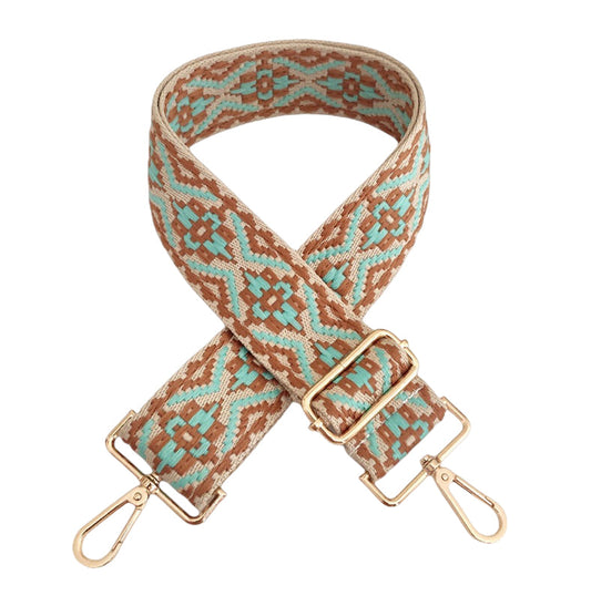 Mint & Beige Medallion Adjustable Cotton Crossbody Bag Strap Gold Hardware