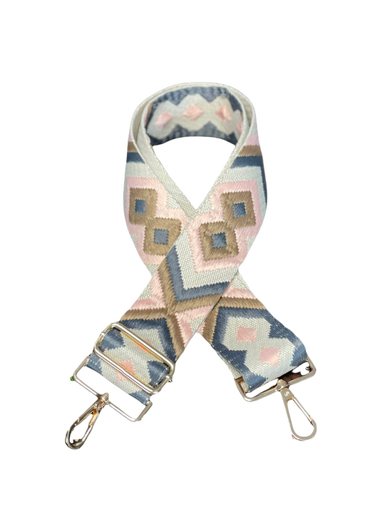 Light Pink & Gray Boho Adjustable Crossbody Bag Strap with Gold Hardware