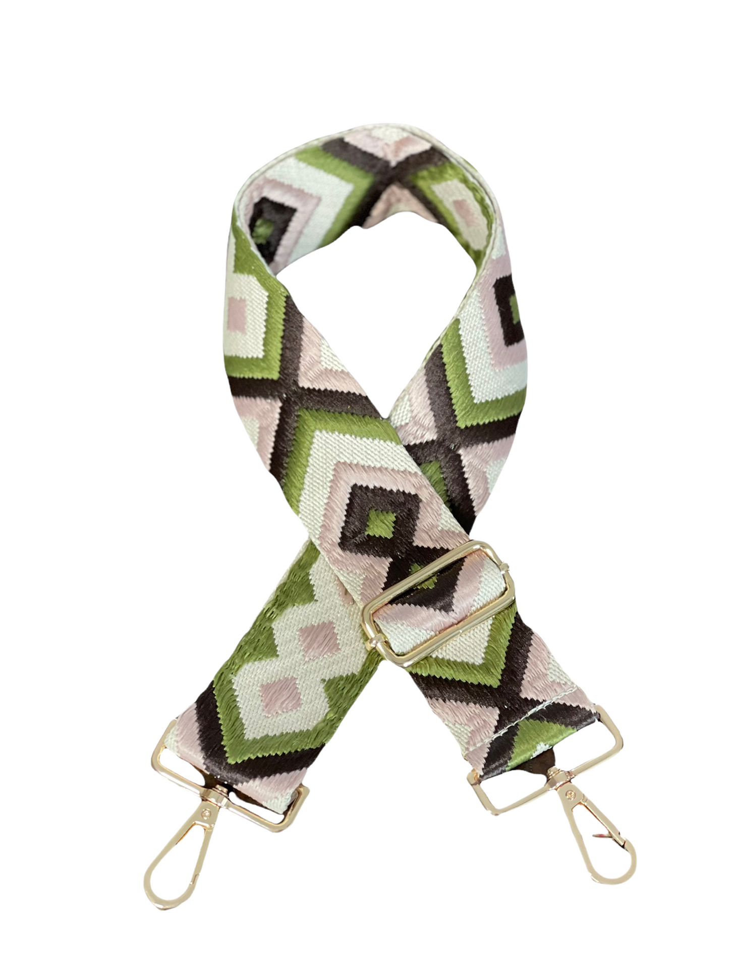 Olive Green & Light Pink Boho Adjustable Cotton Crossbody Bag Strap with Gold Hardware