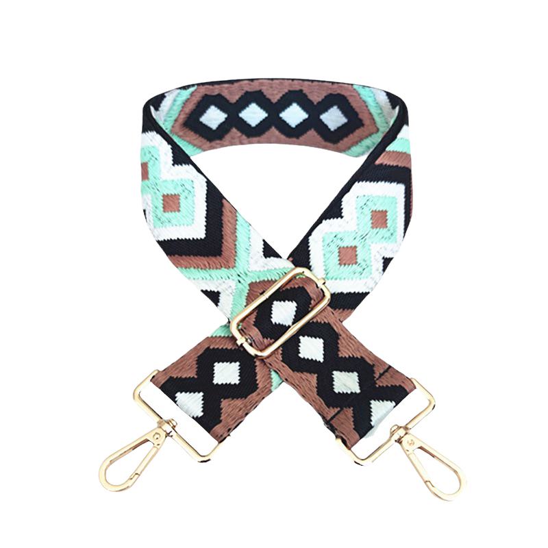 Boho Cotton Embroidery Teal & Brown Bag Strap with Gold Hardware
