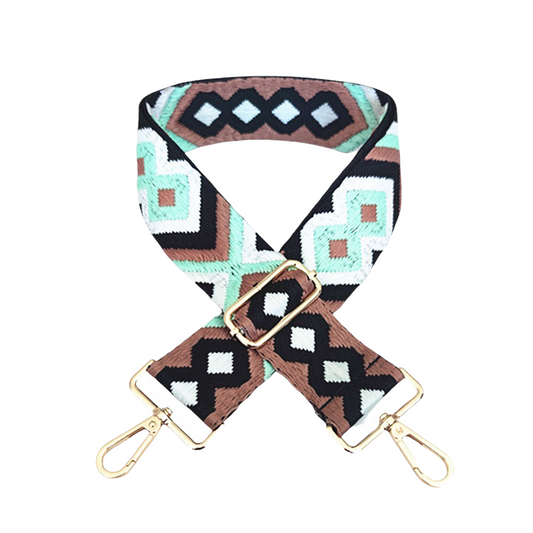 Boho Cotton Embroidery Teal & Brown Bag Strap with Gold Hardware