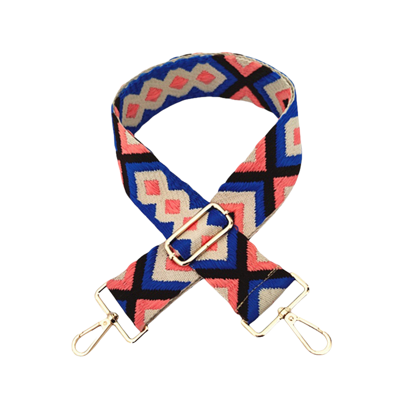 Blue & Peach Cotton Embroidery Adjustable Boho Bag Strap with Gold Hardware