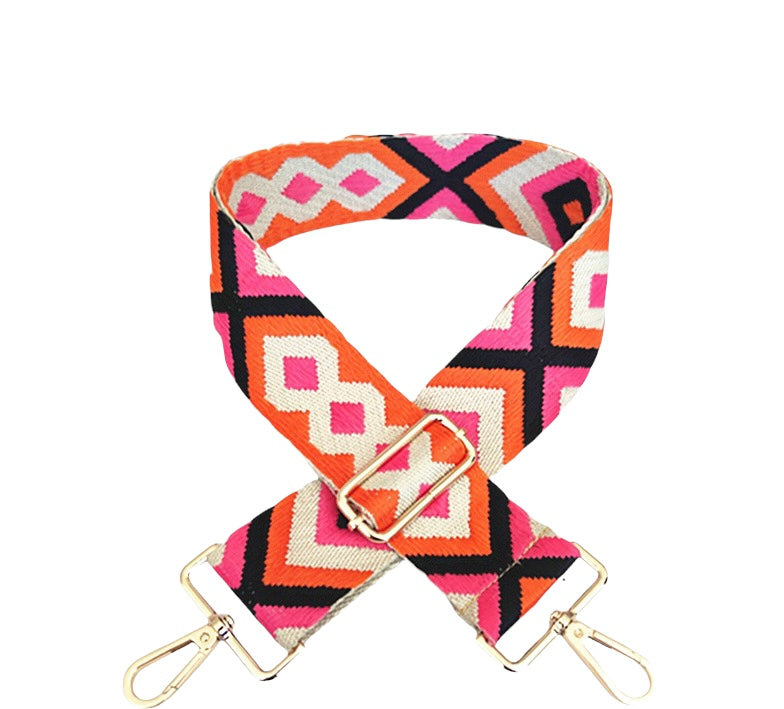 Pink & Orange Boho Canvas Embroidery Crossbody Bag Strap Gold Hardware