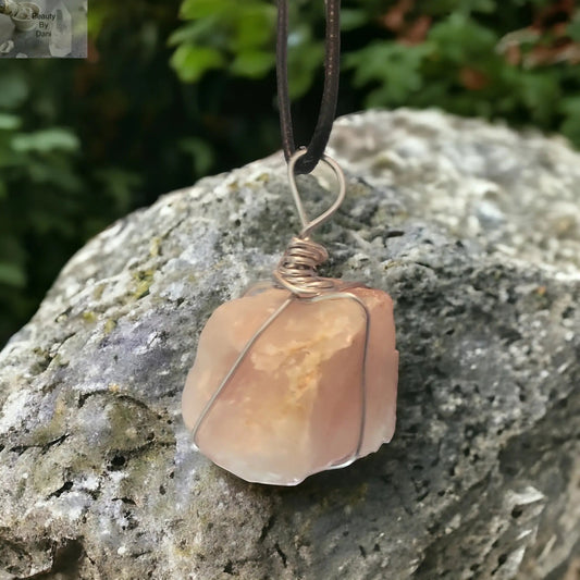 Rose Quartz Pendant Necklace Stainless Steel Wrap Jewelry
