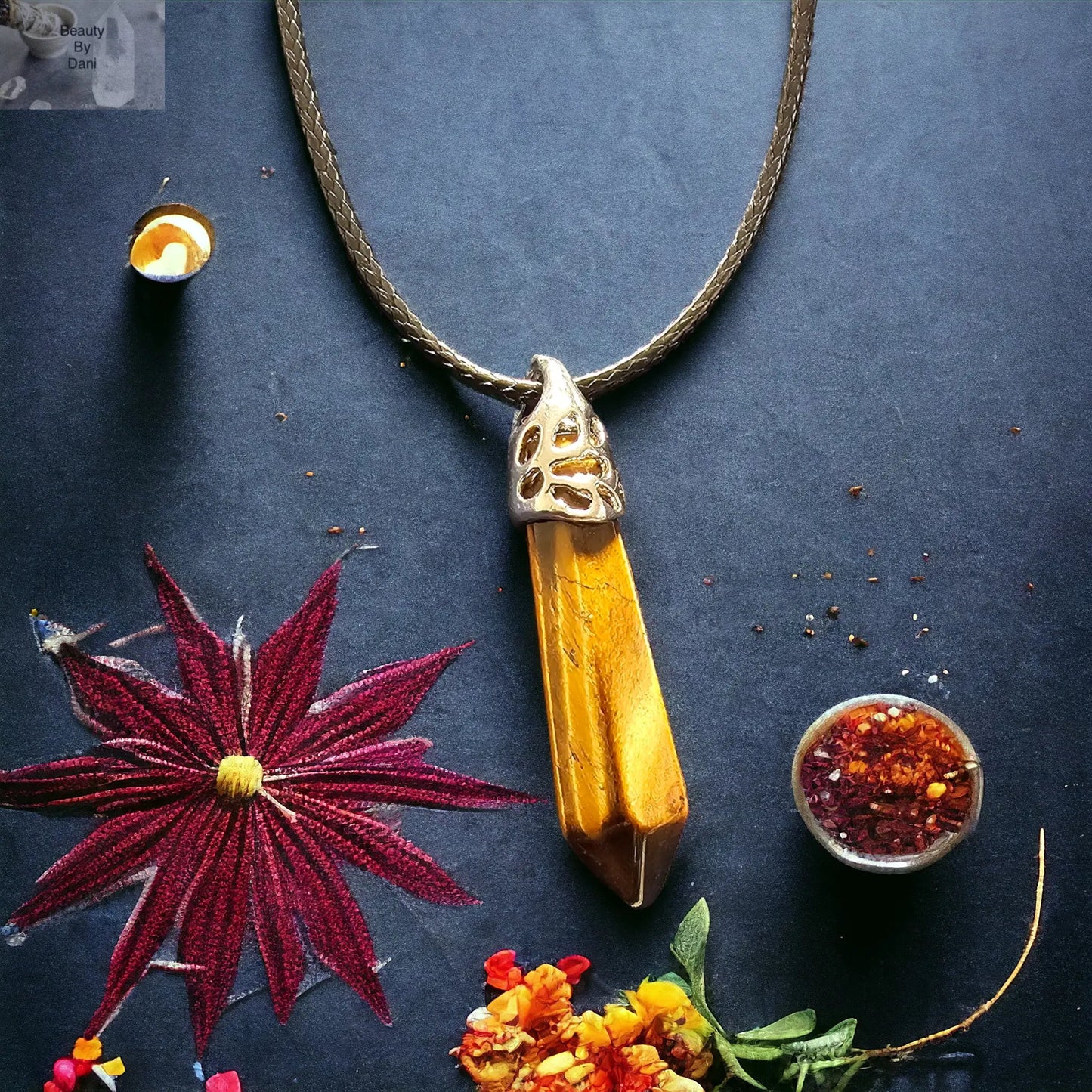 Tiger's Eye Natural Gemstone Necklace with Stainless Steel Pendant and Leather Cord