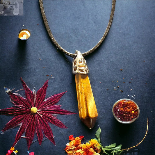 Tiger's Eye Natural Gemstone Necklace with Stainless Steel Pendant and Leather Cord