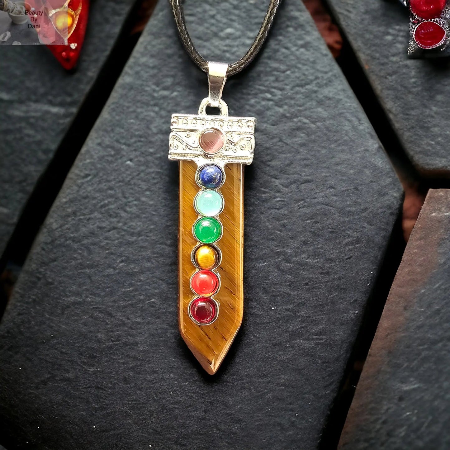 Tiger's Eye Chakra Necklace Stainless Steel Pendant with Leather Cord