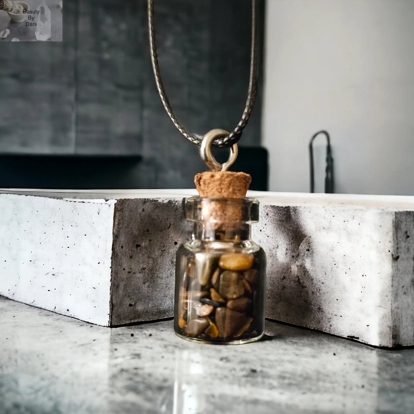 Tiger's Eye Glass Bottle Necklace Leather Cord