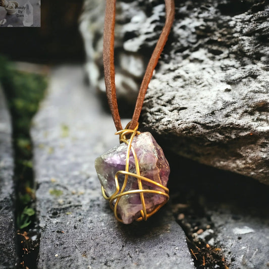 Amethyst Wrapped Necklace Leather Cord Jewelry Beauty by Dani
