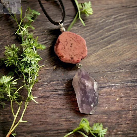Amethyst and Jasper Pendant Necklace Leather Cord Jewelry