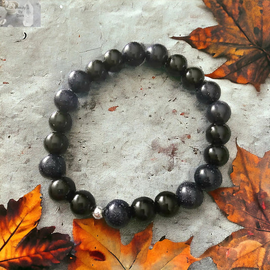 Goldstone and Onyx 10mm Beads Bracelet 8in Wrist Size