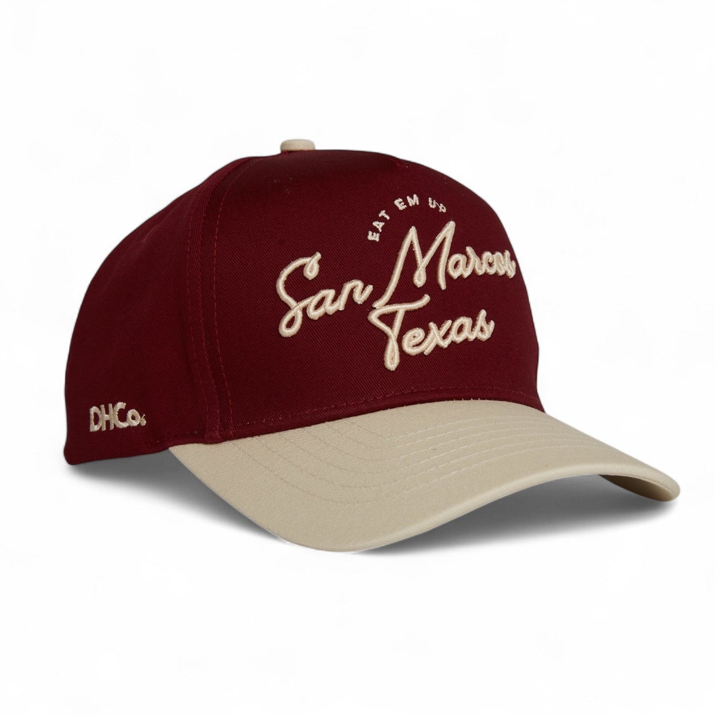 Script Hat Beige Maroon Trucker Hat Destination Hat Co.