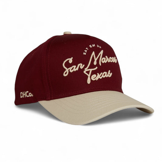 Script Hat Beige Maroon Trucker Hat Destination Hat Co.