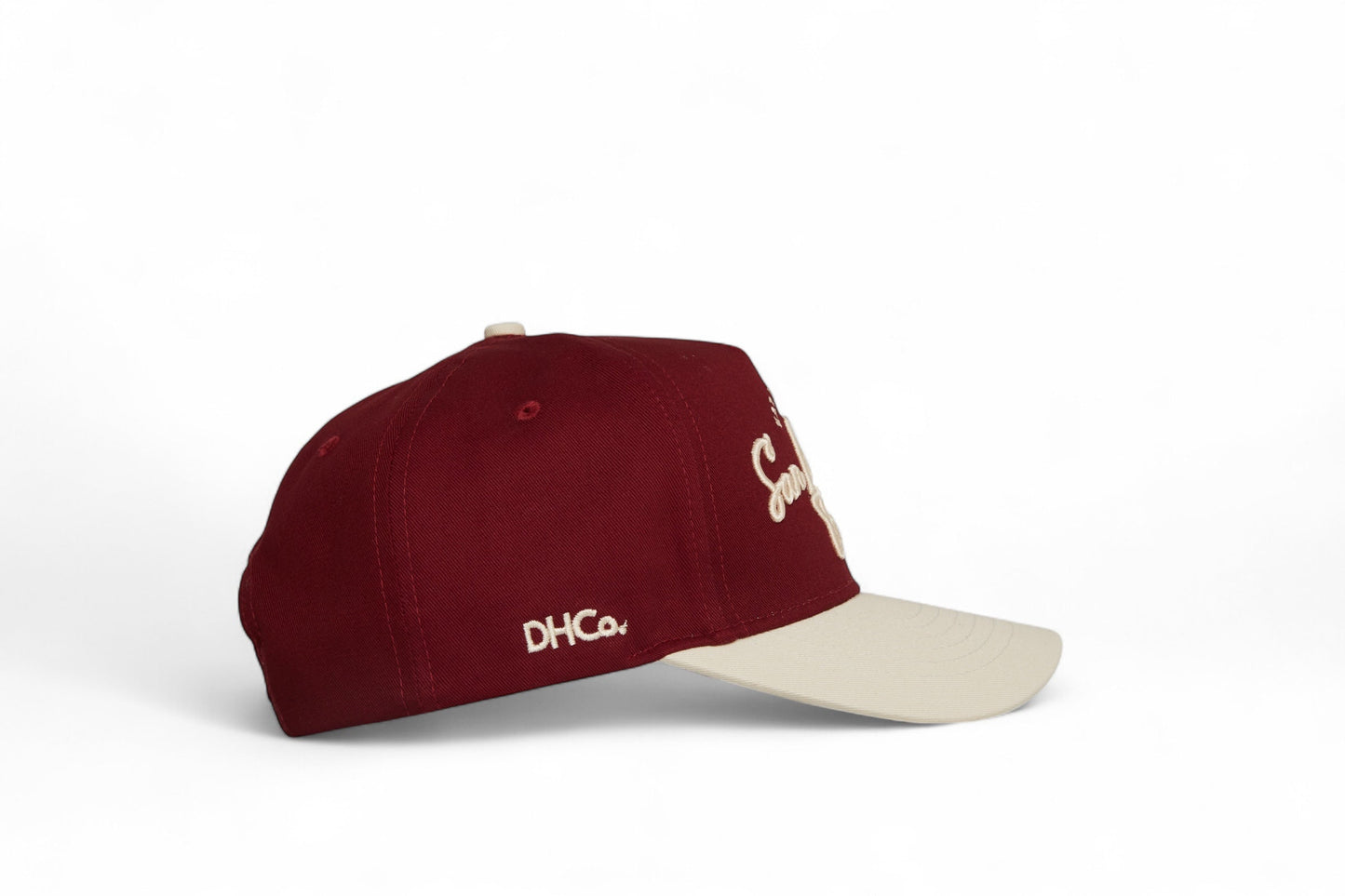 Script Hat Beige Maroon Trucker Hat Destination Hat Co.