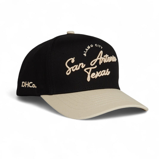 Script Hat Beige and Black Pre-curved Trucker Hat Destination Hat Co.