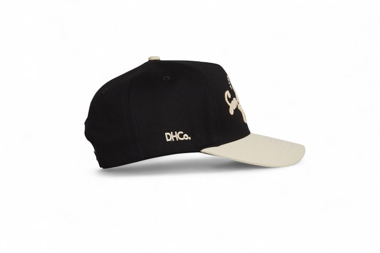 Script Hat Beige and Black Pre-curved Trucker Hat Destination Hat Co.