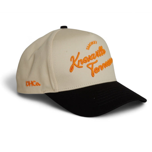 Knoxville Script Beige Orange Pre-curved Trucker Hat Destination Hat Co.