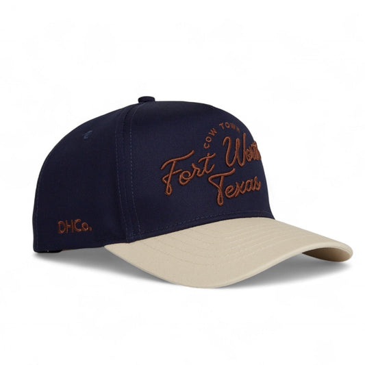 Script Hat Navy Brown Pre-curved Trucker Hat Destination Hat Co.