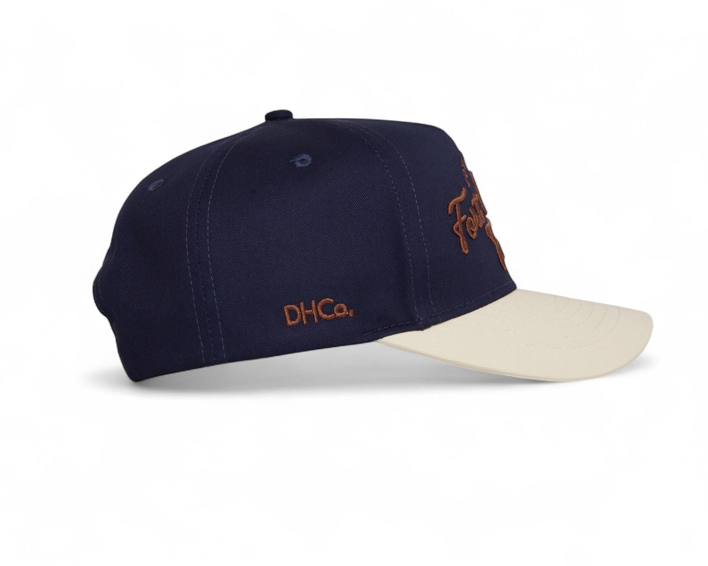 Script Hat Navy Brown Pre-curved Trucker Hat Destination Hat Co.