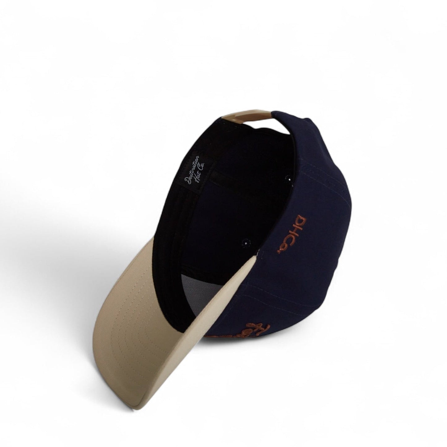 Script Hat Navy Brown Pre-curved Trucker Hat Destination Hat Co.