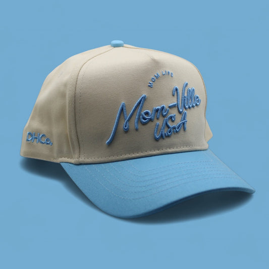 Mom-Ville Script Light Blue Trucker Hat Destination Hat Co.