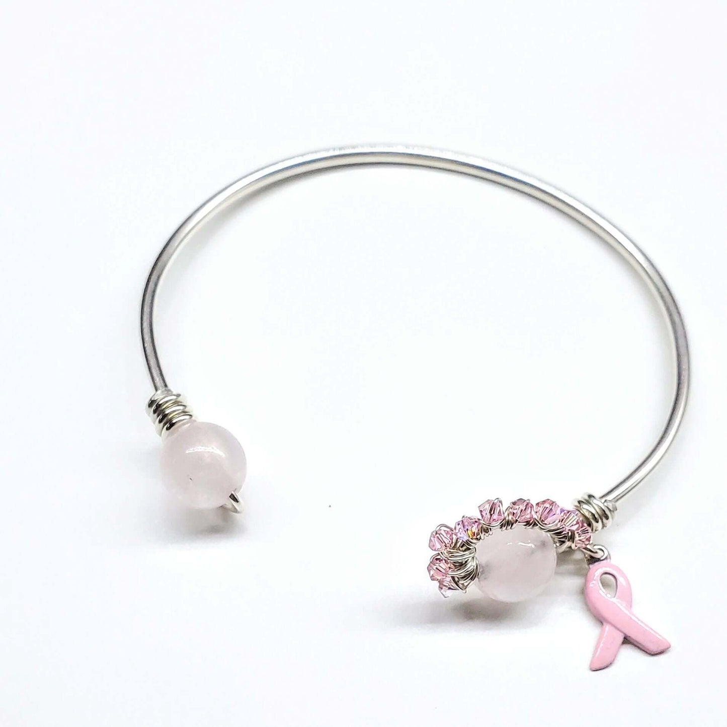 Pink Crystal Rose Quartz Bead Ball End Breast Cancer Awareness Cuff