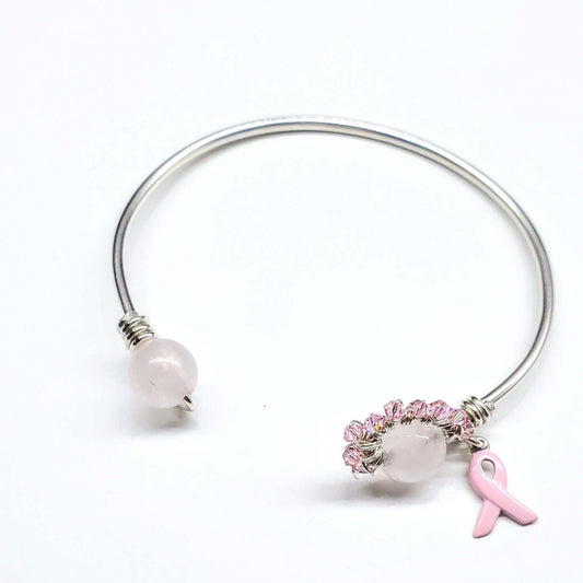 Pink Crystal Rose Quartz Bead Ball End Breast Cancer Awareness Cuff
