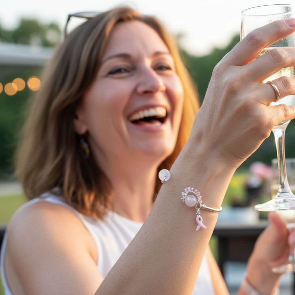 Pink Crystal Rose Quartz Bead Ball End Breast Cancer Awareness Cuff