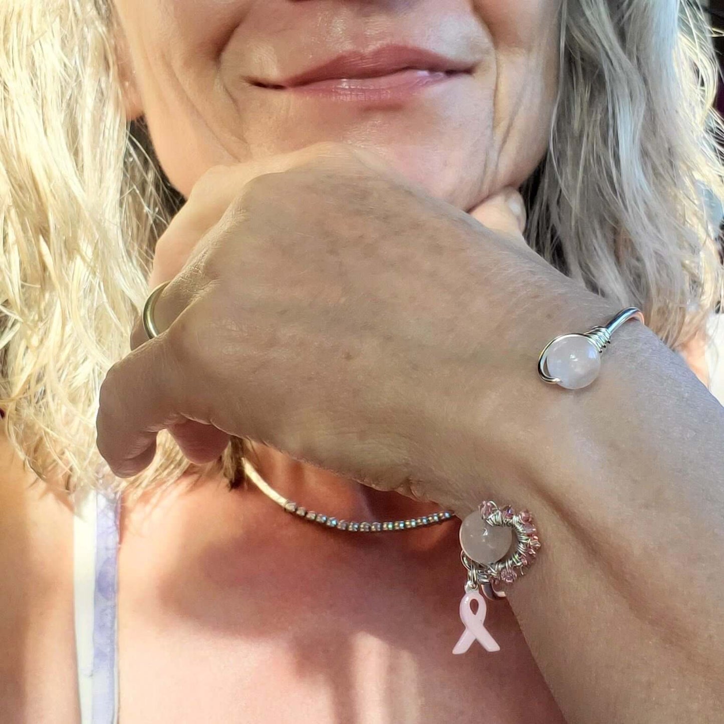Pink Crystal Rose Quartz Bead Ball End Breast Cancer Awareness Cuff