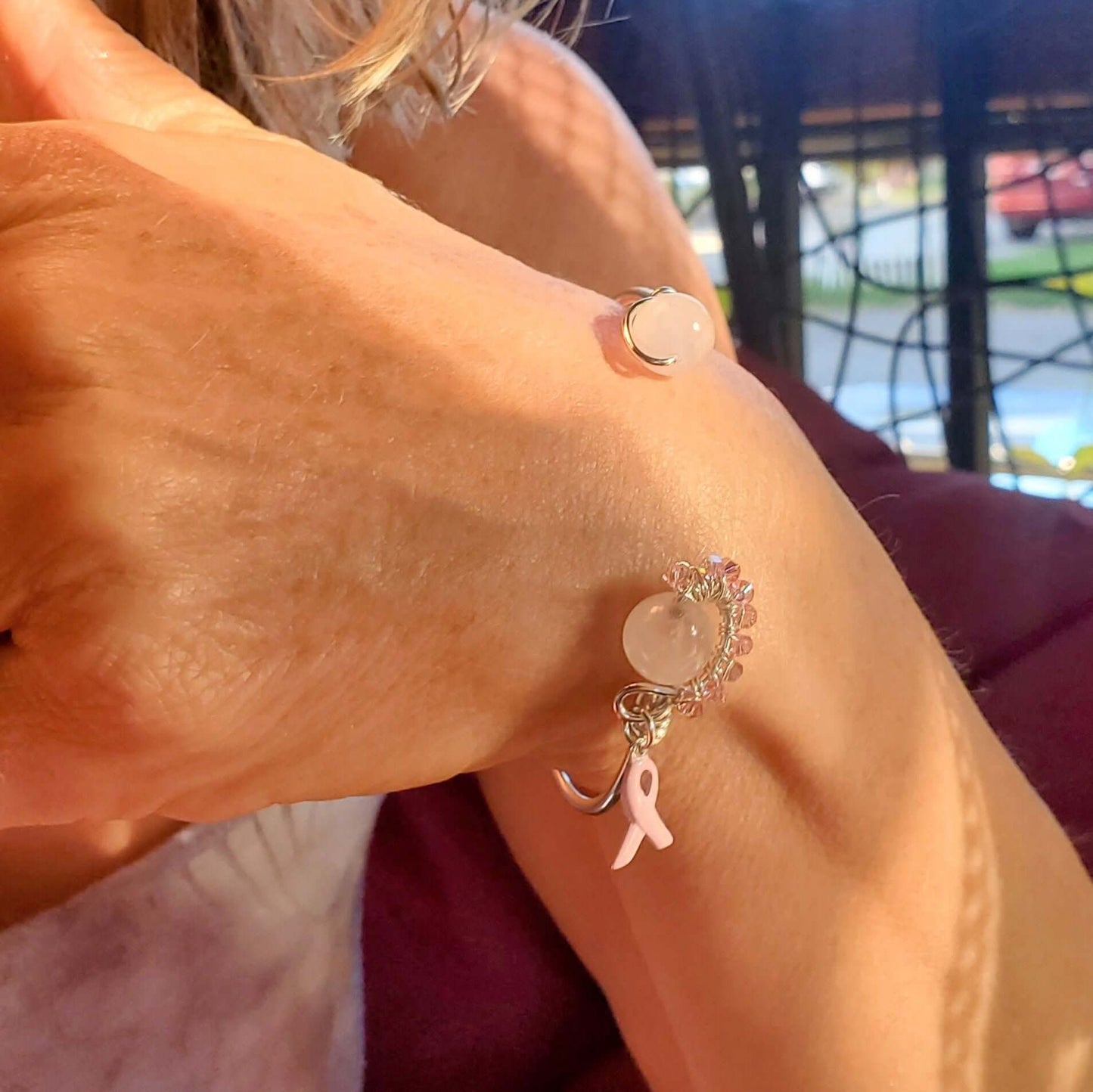 Pink Crystal Rose Quartz Bead Ball End Breast Cancer Awareness Cuff