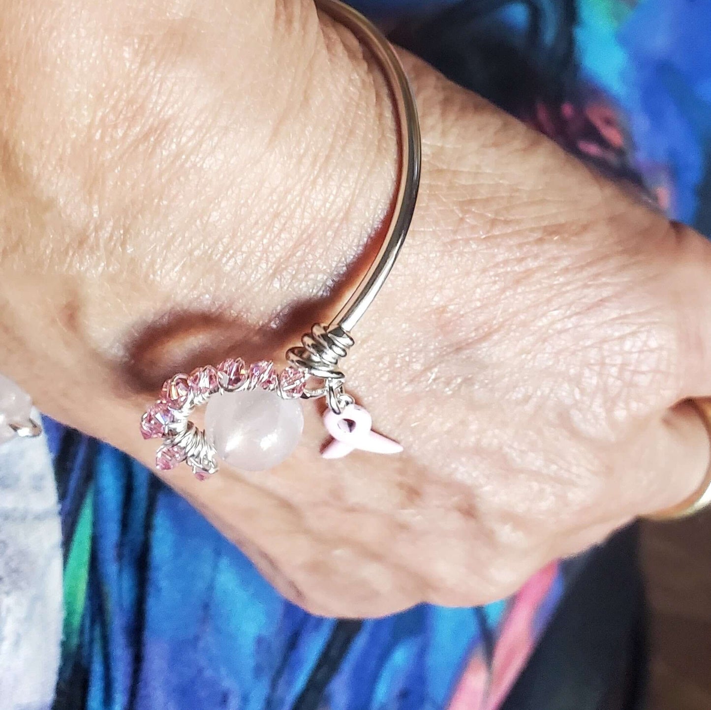 Pink Crystal Rose Quartz Bead Ball End Breast Cancer Awareness Cuff