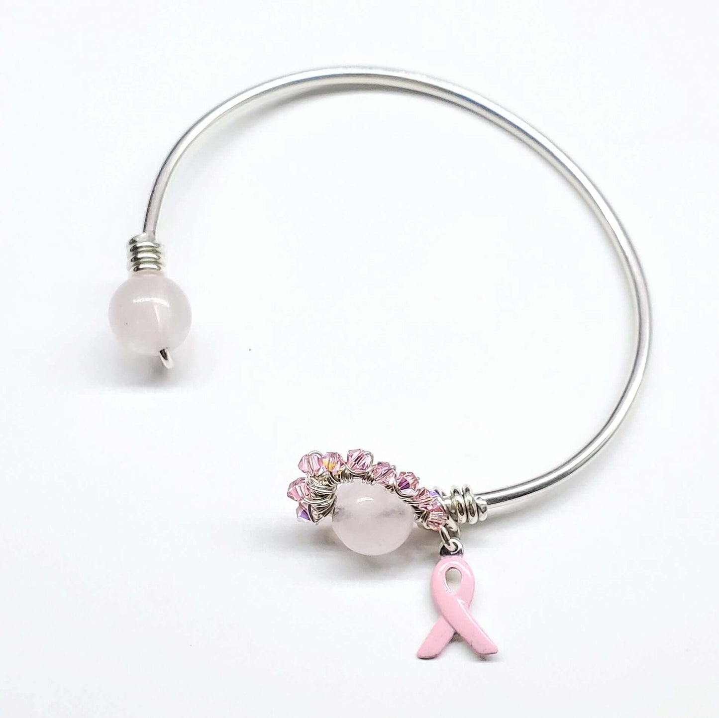 Pink Crystal Rose Quartz Bead Ball End Breast Cancer Awareness Cuff