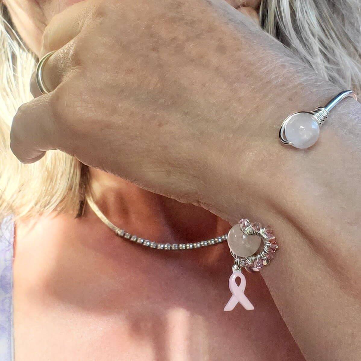 Pink Crystal Rose Quartz Bead Ball End Breast Cancer Awareness Cuff