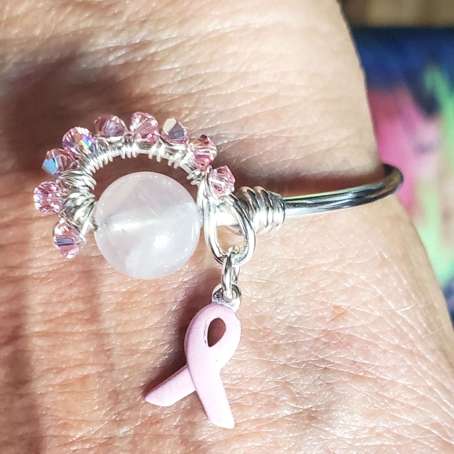 Pink Crystal Rose Quartz Bead Ball End Breast Cancer Awareness Cuff