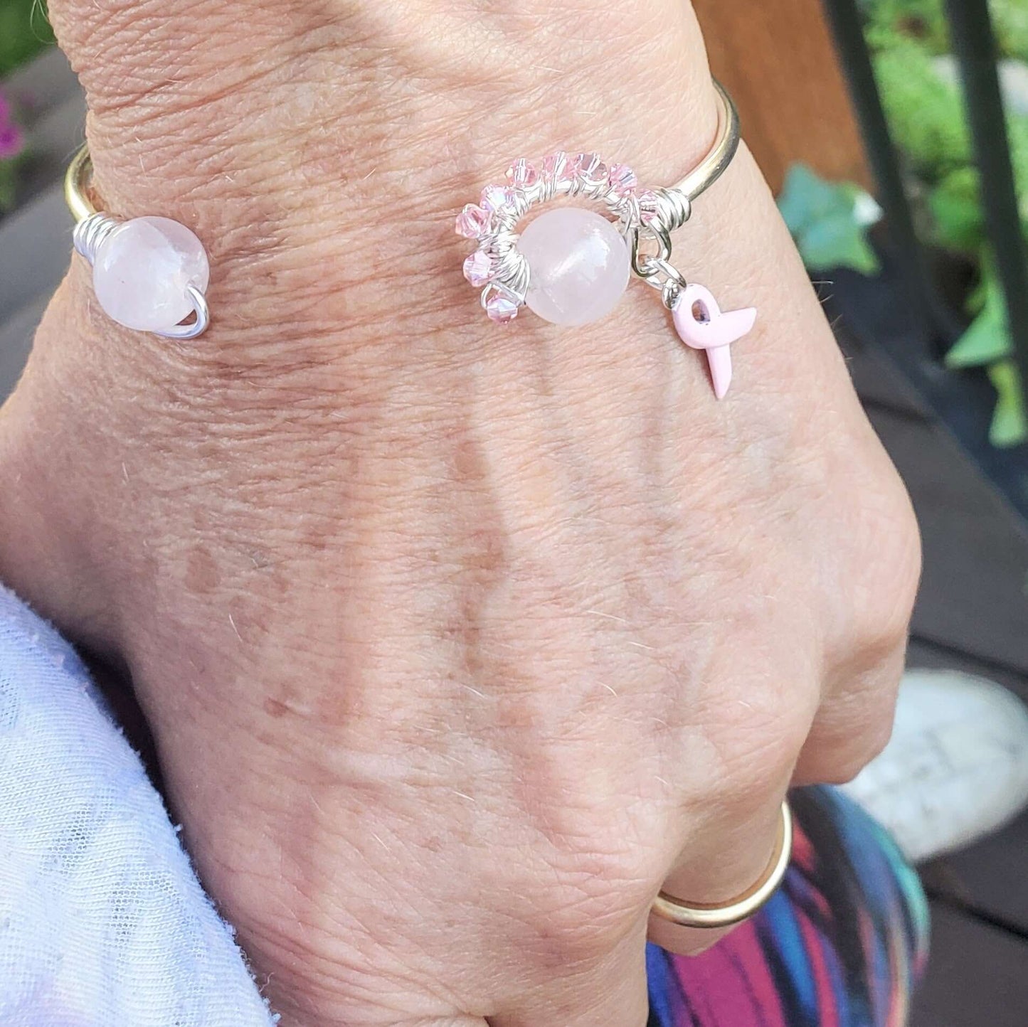 Pink Crystal Rose Quartz Bead Ball End Breast Cancer Awareness Cuff