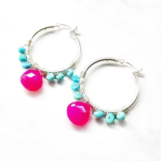 Sleeping Beauty Turquoise Wire Wrap Hoop Earrings Silver Handmade