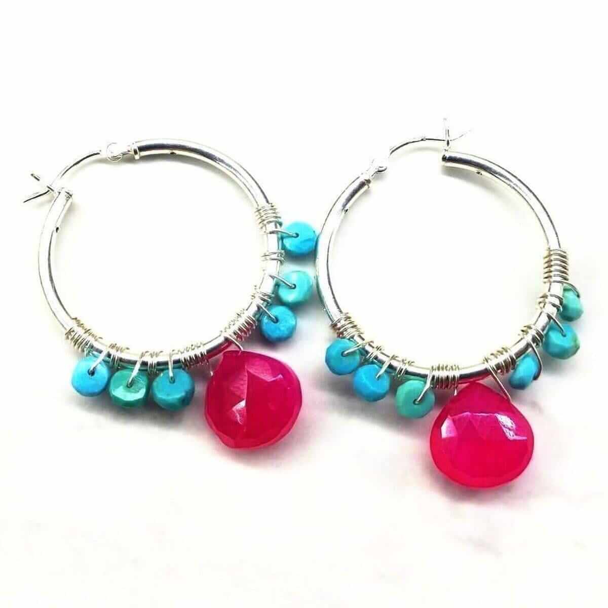 Sleeping Beauty Turquoise Wire Wrap Hoop Earrings Silver Handmade