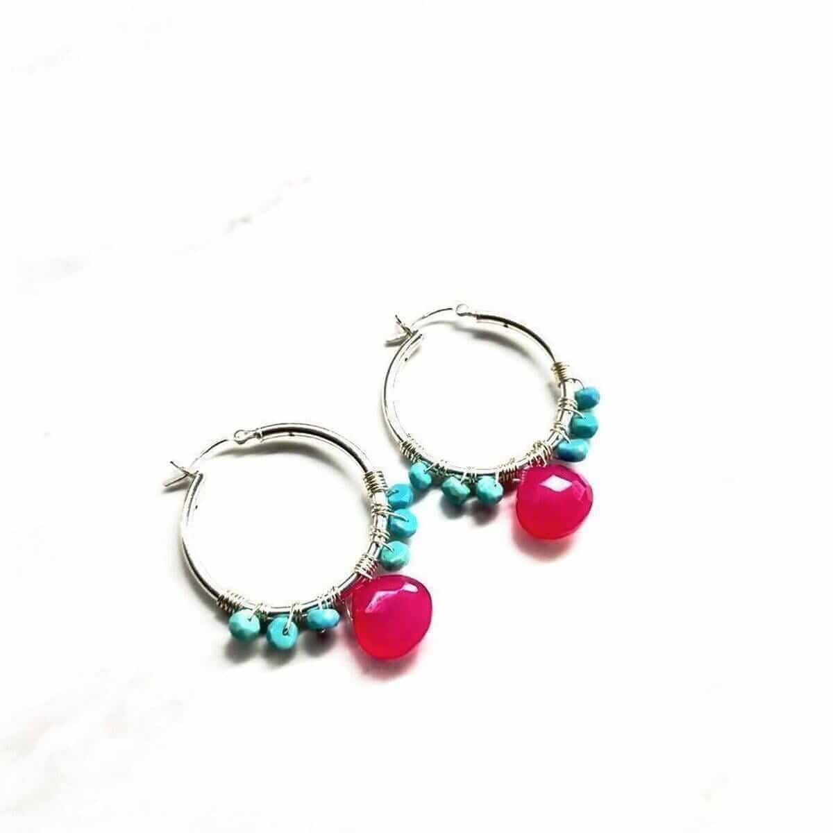 Sleeping Beauty Turquoise Wire Wrap Hoop Earrings Silver Handmade