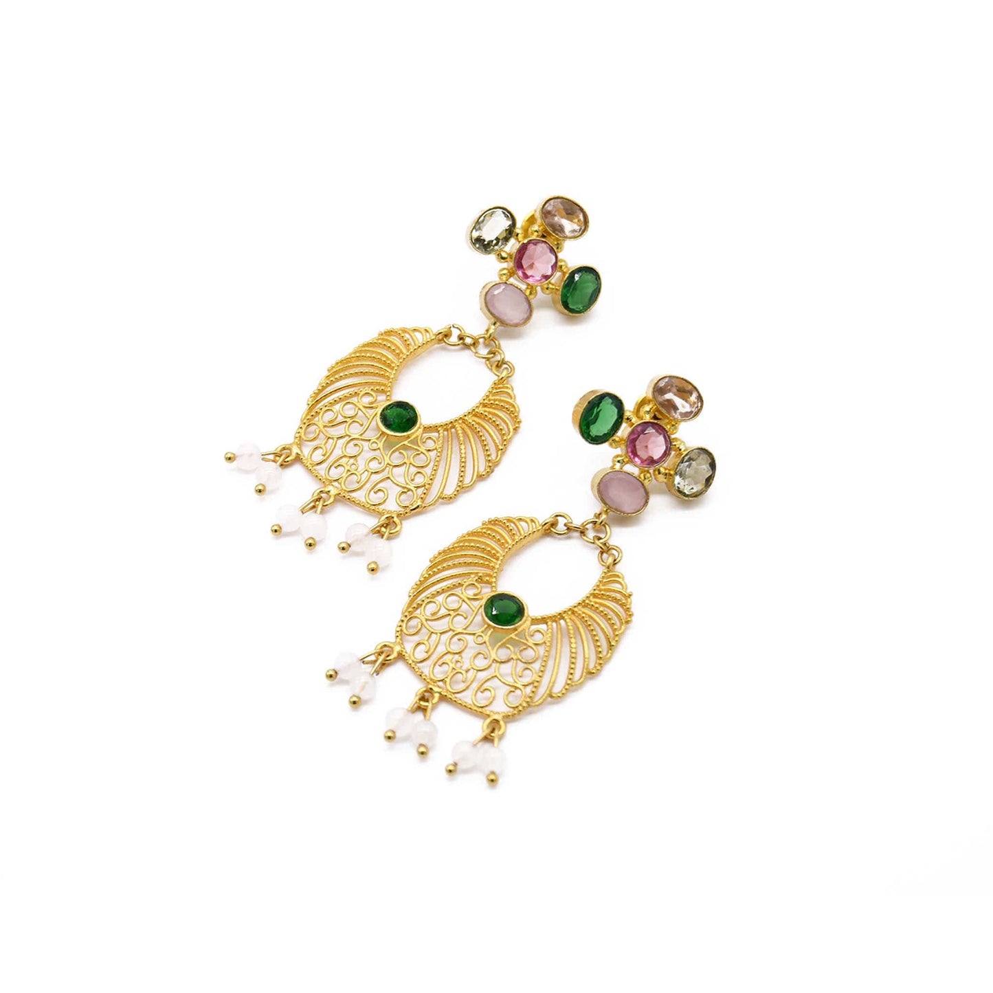 Pink Chalcedony Rose and Green Quartz Earring 22k Gold Plated Brass ADIBA