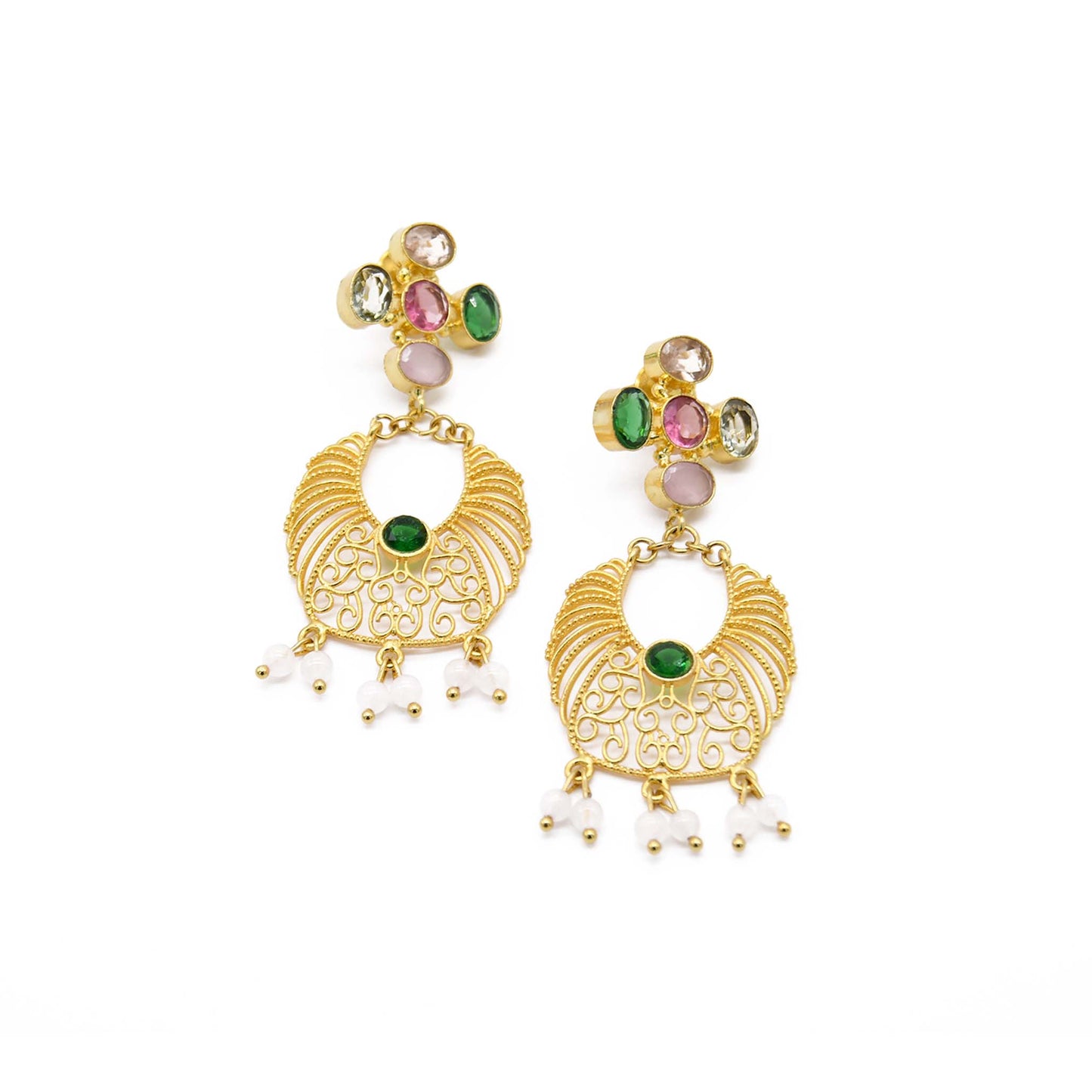 Pink Chalcedony Rose and Green Quartz Earring 22k Gold Plated Brass ADIBA