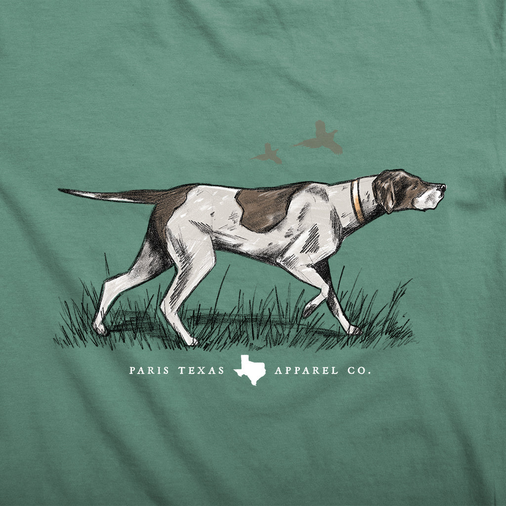 Pointer Hunting Dog Pocket T-Shirt Pine Organic Cotton Paris Texas Apparel Co