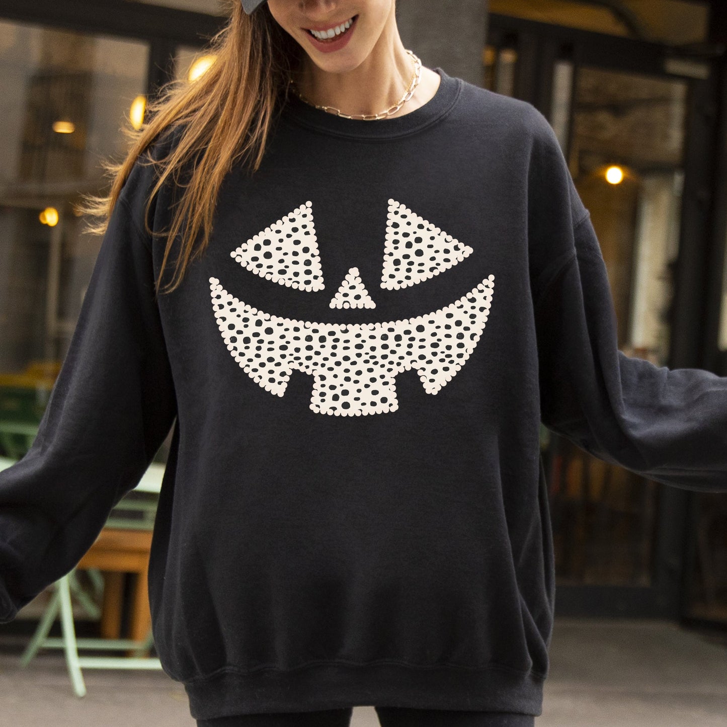 Polka Dot Jack-O-Lantern, Dalmatian, Pumpkin, Cute, Halloween, Spooky, Trick Or Treat Costume, Witch Sweatshirt