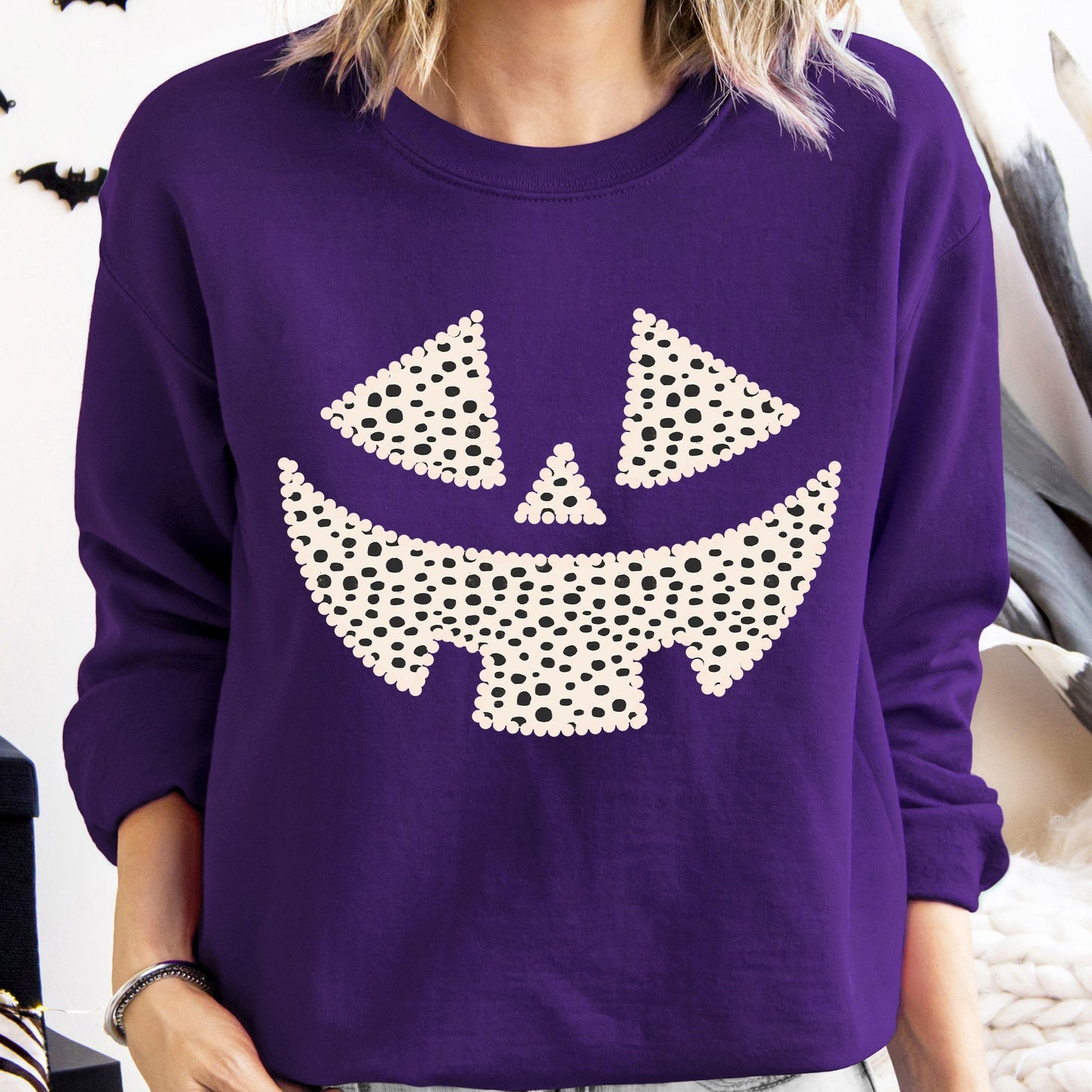 Polka Dot Jack-O-Lantern, Dalmatian, Pumpkin, Cute, Halloween, Spooky, Trick Or Treat Costume, Witch Sweatshirt